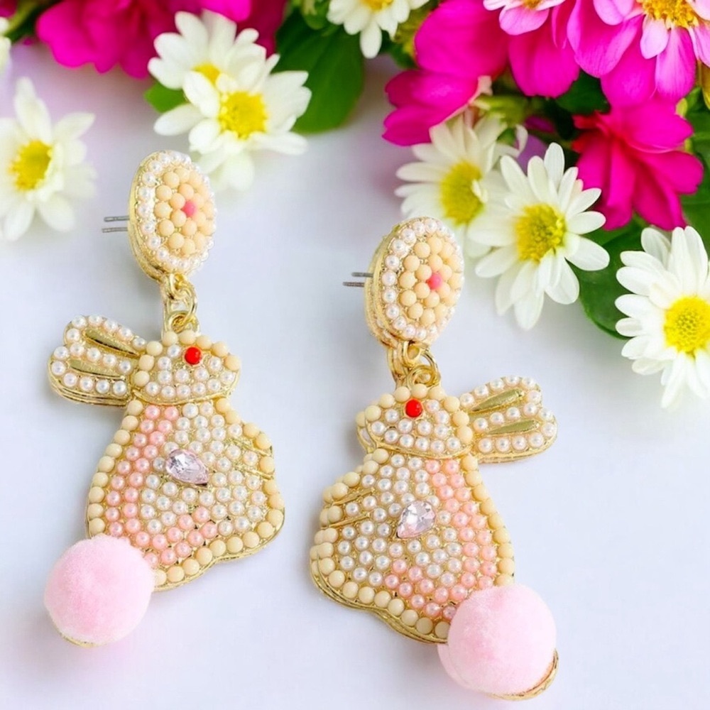 Bunny Rabbit Cream & Pink Faux Pearl & Faux Fur, Stud Dangle Earrings Easter - Picture 2 of 5